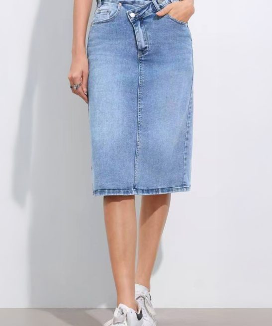Versatile High Waist Multi-Pocket Asymmetric Button Denim Skirt