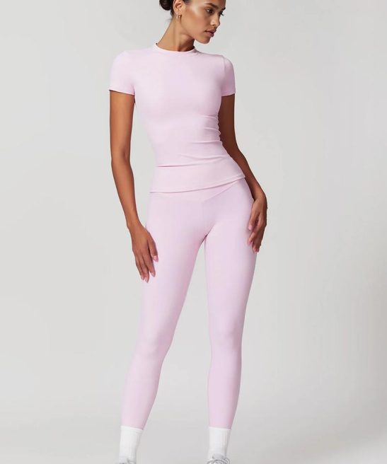 Workout Solid Color Stretch Round Neck Short Sleeve Top & Skinny Leggings Co-ord