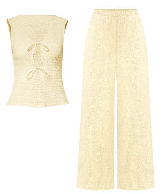 Versatile Solid Color Front Tie Textured Tank Top & Wide Leg Trousers Co-ord