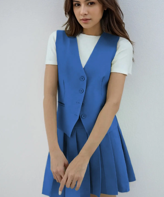Summer Elegant V Neck Sleeveless Button Tank & Pleated Mini Skirt Co-ord
