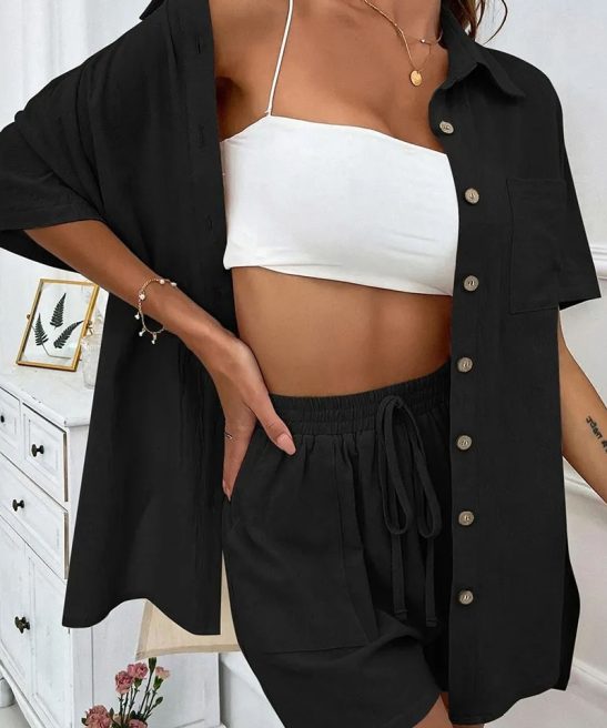 Casual Button Short Sleeve Lightweight Shirt & Drawstring Waist Shorts Co-ord