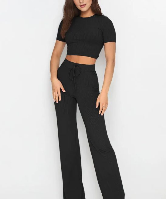Casual Solid Color Round Neck Short Sleeve Crop Top & Drawstring Waist Wide Leg Trousers Co-ord