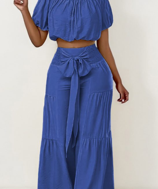 Trendy Scoop Neck Puff Sleeve Crop Top & Knotted Trousers Co-ord