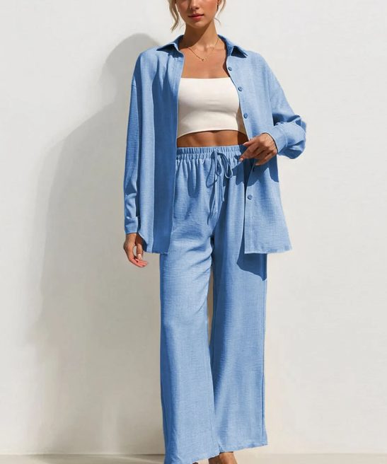 Leisure Plain Collared Long Sleeve Button Up Loose Shirt & Drawstring Wide Leg Trousers Co-ord