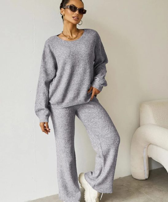 Women's Black Cozy Knit Scoop Neck Long Sleeve Loose Top & Stretch Trousers Co-ord