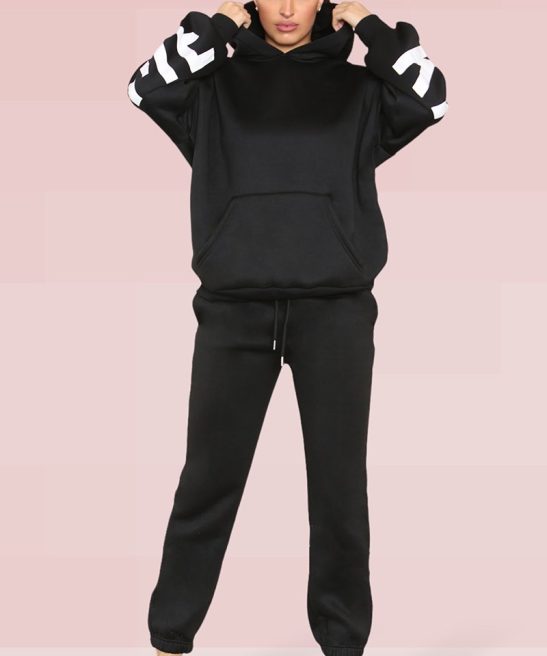 Casual Letter Printing Fleece Hoodie & Sweatpants Co-ord
